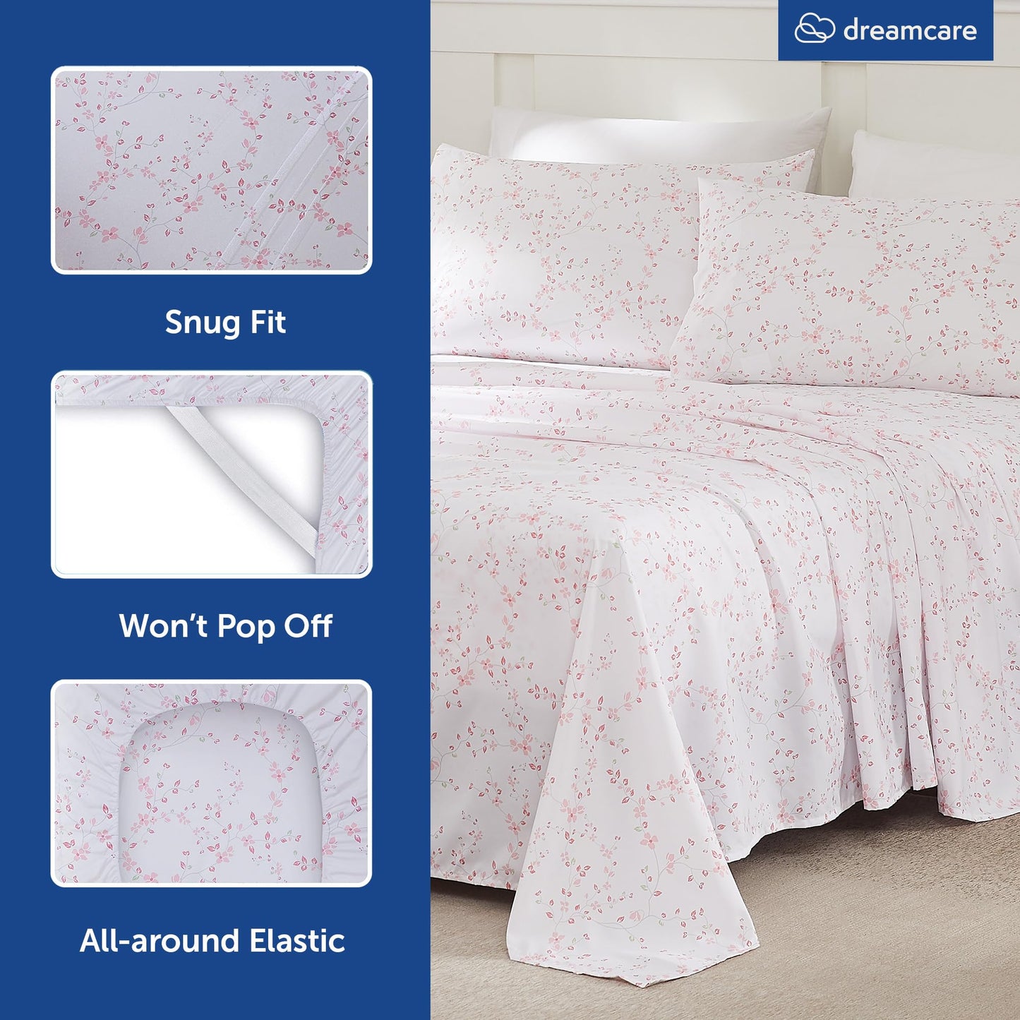 DREAMCARE Full Size Sheets - Cooling Sheets - 4pcs Set - up to 15" Deep Pocket Full Sheet Set - Sheets Full Size Bed - Soft & Long Lasting 100% Fine Brushed Polyester with Side Pocket Floral Blossom