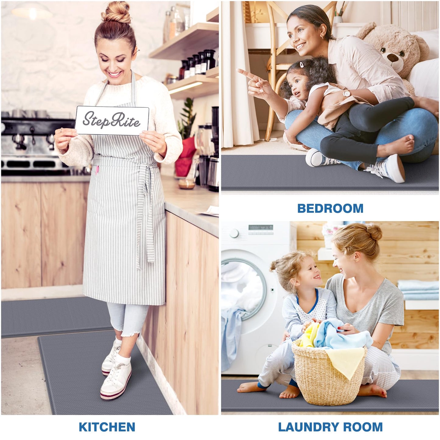 StepRite Kitchen Mats, 2PCS Kitchen Rugs, Cushioned Anti Fatigue Kitchen Mats for Floor, Non-Slip Standing Desk Mat, Waterproof Kitchen Rug Set for Kitchen, Floor, Office, 17.3"x30"+17.3"x59", Grey