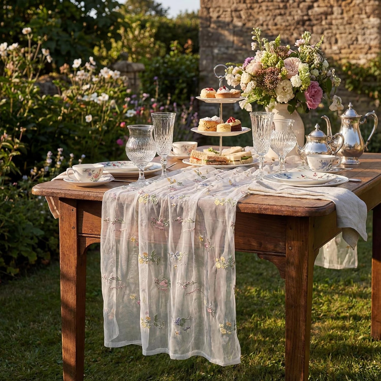 Remagr Floral Table Runner - 9.8 ft Embroidered Tulle for Weddings, Showers & Seasonal Decor