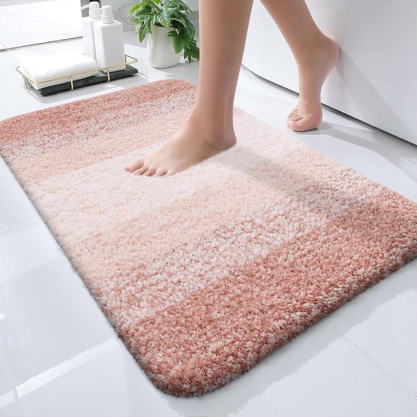 OLANLY Bath Rugs Mat - Extra Soft Microfiber with Rubber Backing | Quick Dry, Machine Washable, 24x16, Peach