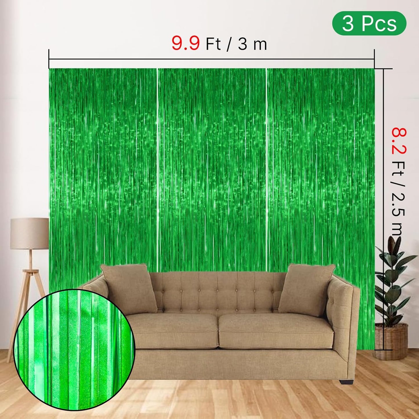 PartyWoo Green Streamers - 3 Pcs Tinsel Foil Fringe Curtains | 8.2 FT Photo Backdrop for Celebrations