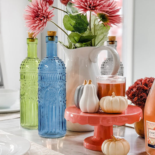 Vintage Vase Decorative Glass Vases, 9.6 inch Embossed Colored Glass Bottles,Large Wine Bottle Size,Set of 3 with Cork Lid-Flower Bud Vases, Garden Decor, Suncatchers, vase (Cold)