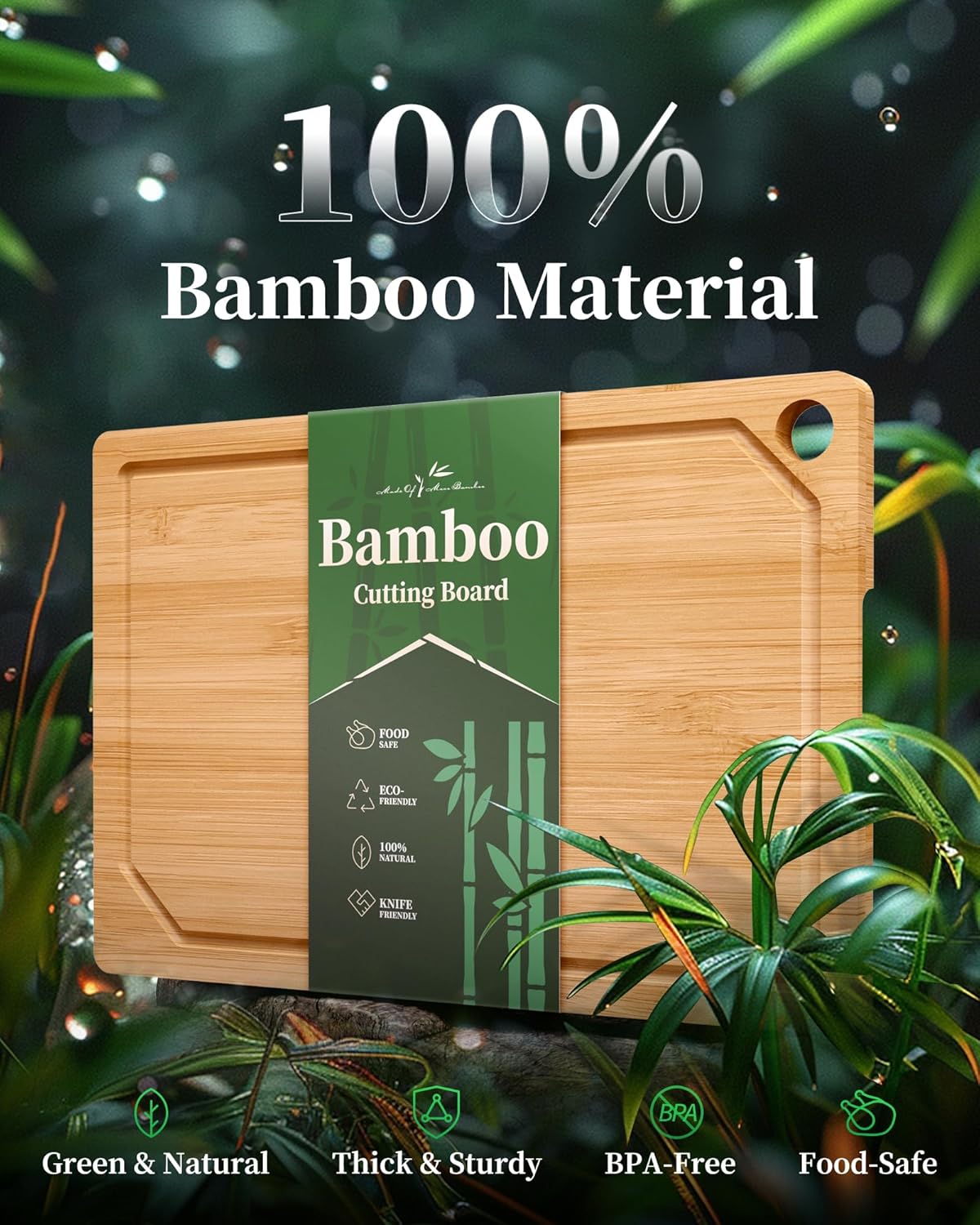 Kitsure Bamboo Cutting Board - Versatile Wooden Kitchen Board with Deep Juice Grooves | Large Natural Size