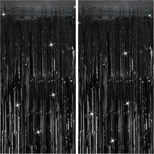 Glitter Foil Fringe Curtain - Tinsel Backdrop for Birthday & Wedding Decor | 2 Packs in Black