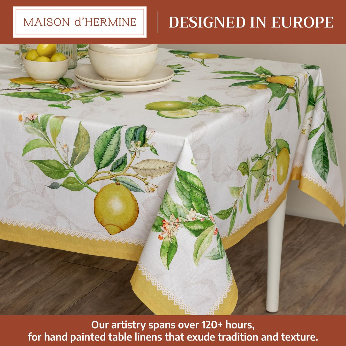 Maison d' Hermine Table Cloth Rectangle Table 100% Cotton 60 x 108 Inches Tablecloth Reusable Decorative for Dining Kitchen Room Farmhouse Home Gifts for Mothers Day Spring Summer - Limoncello