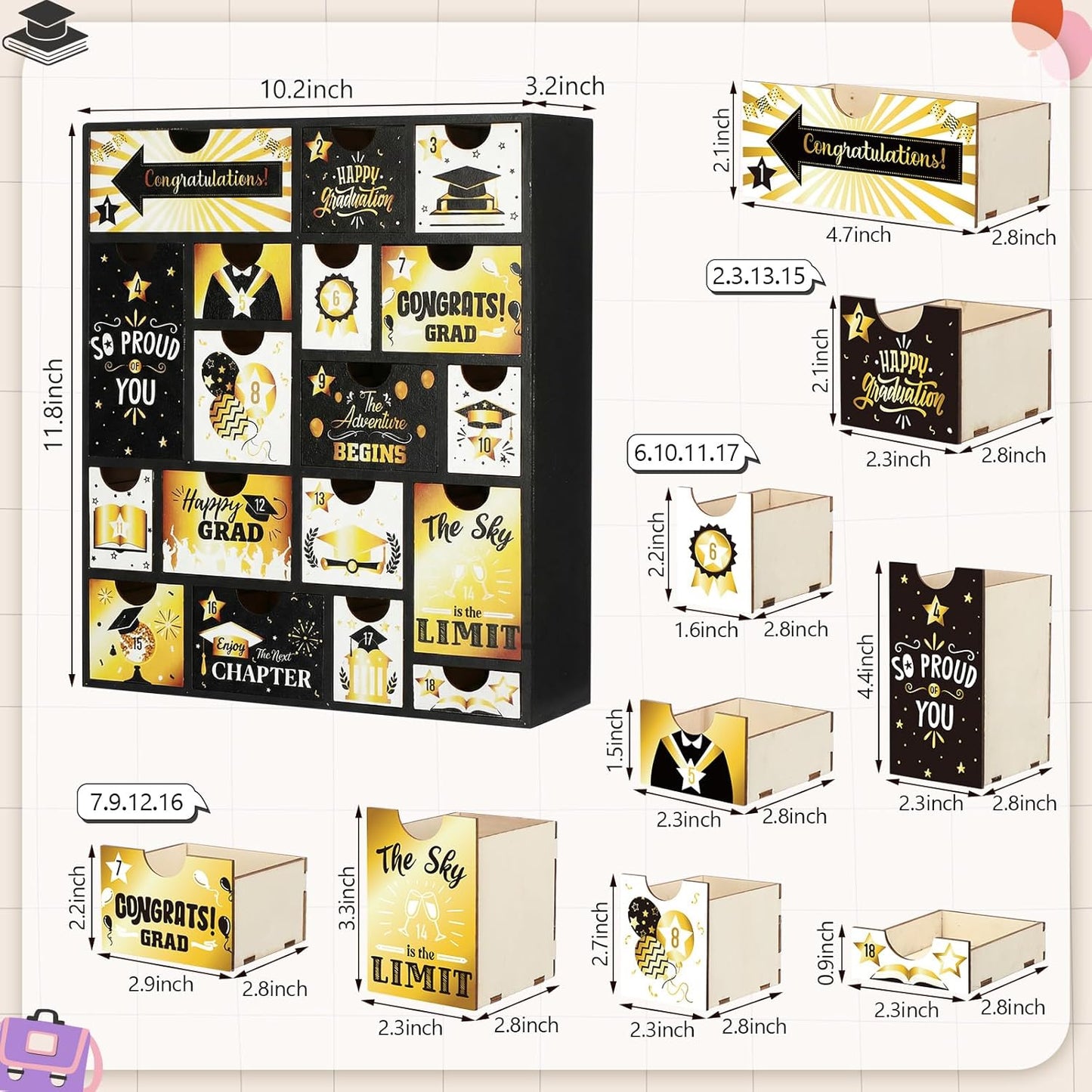 Novabright Graduation Countdown Calendar - 18 Days Fillable Advent Box with 18 Drawers | Black Gold