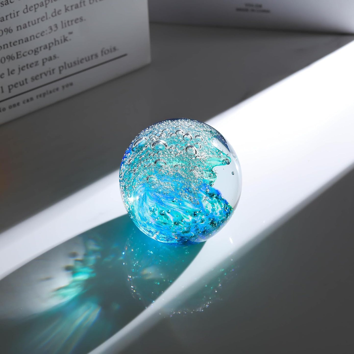 Qianwei Hand Blown Ocean Waves Crystal Ball - Unique Glass Collectible Figurine | Stunning Aquarium Decor