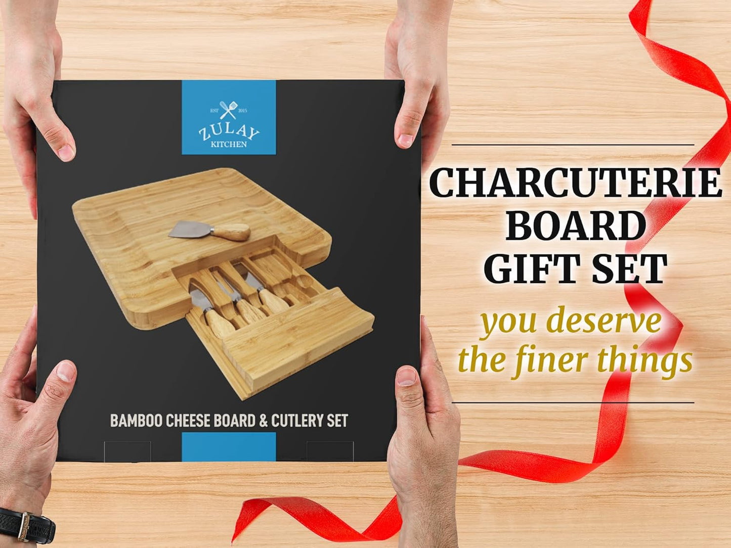 Zulay Kitchen Premium Bamboo Cheese Board Set - Extra Thick Charcuterie Board with 4 Knives | Perfect for Wine & Cheese Lovers
