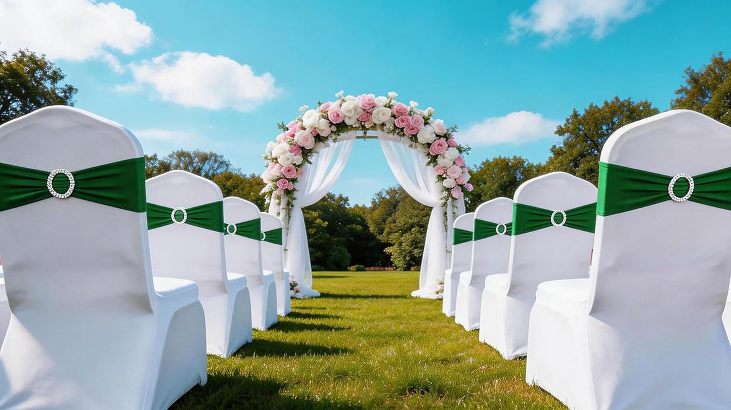 Skiennix 50 Pack Dark Green Spandex Chair Sashes - Adjustable Slider Buckles for Weddings & Events