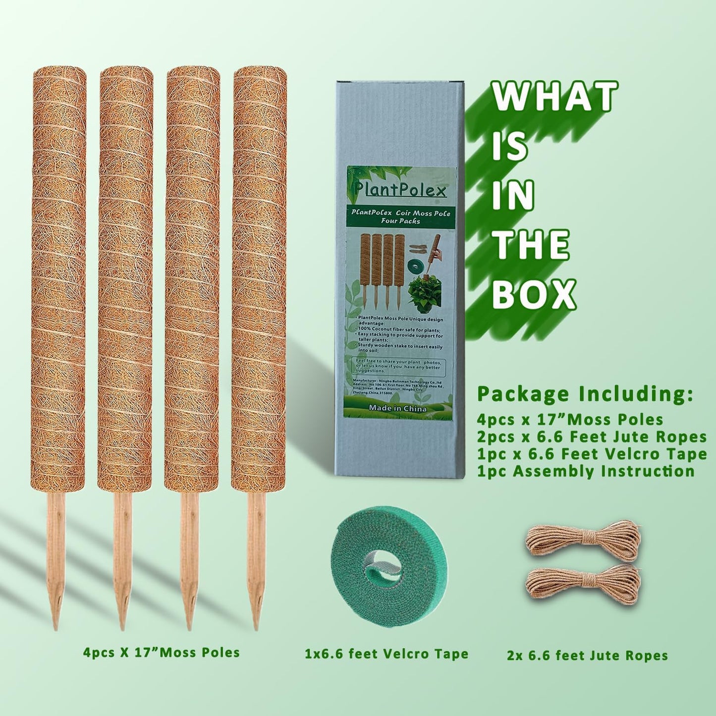 Moss Pole 4-Pack | 17-Inch Monstera Plant Support - Stackable Coir Stakes for Indoor Climbing Plants