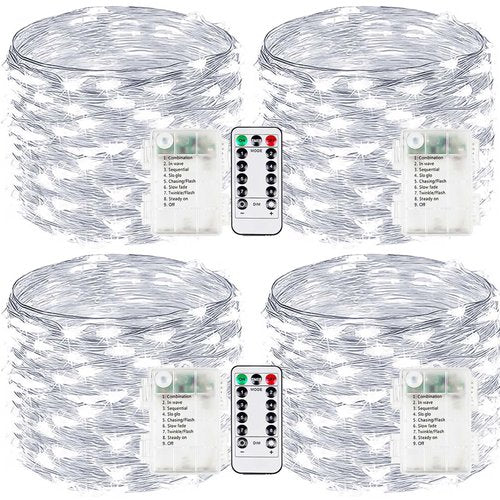 4-Pack Fairy Lights Battery Operated with Remote, Waterproof 33FT 100 LED Battery String Lights Outdoor Indoor, 8 Modes Twinkle Lights with Timer for DIY Home Centerpiece Christmas Decor (Cool White)