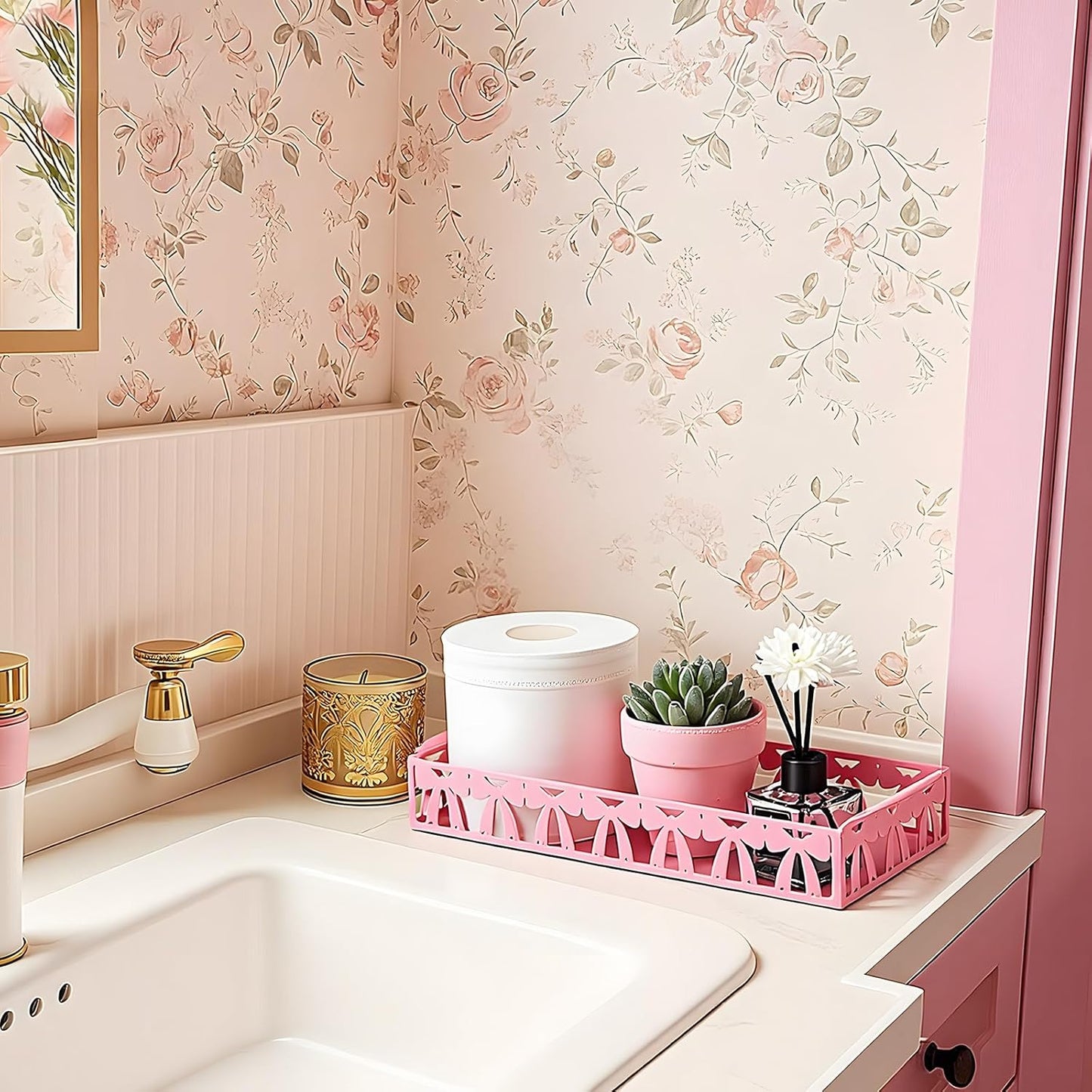 Skiennix Pink Bow Toilet Paper Basket - Cute Metal Holder with Handle for Stylish Bathroom Storage