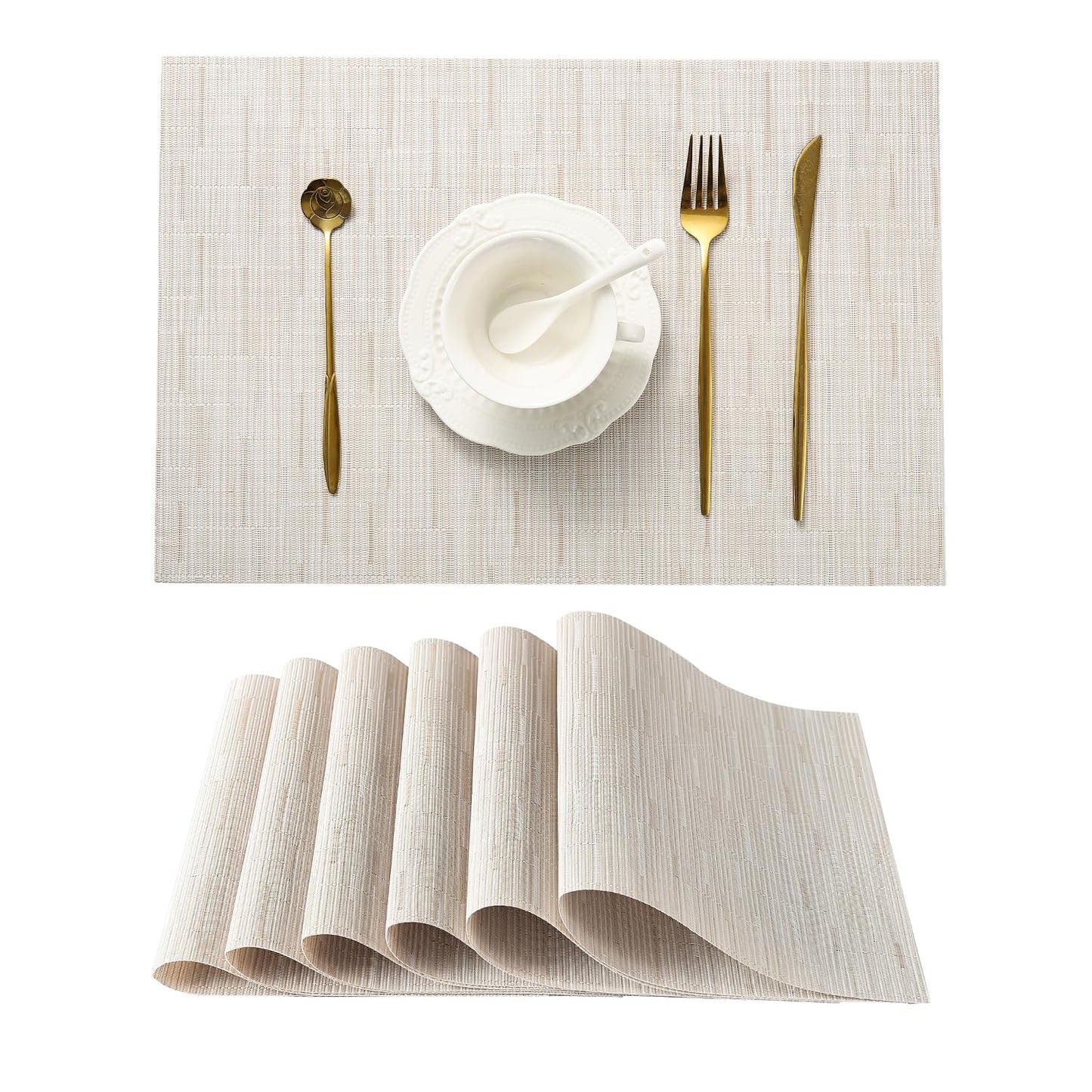 Leetaltree Pale Beige Placemats Set of 6 - Heat Resistant Non-Slip Place mats for Dining Table, Washable Durable PVC Vinyl Woven Table Mats（Pale Beige, 6）
