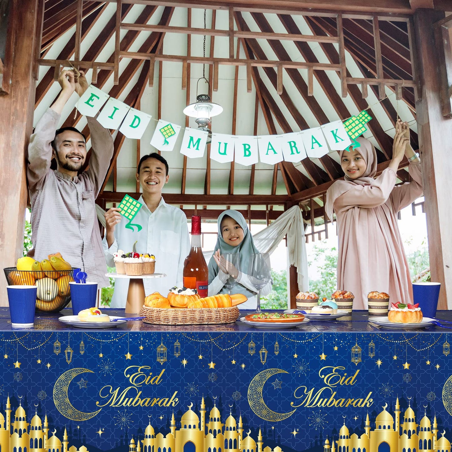 3 Pcs Eid Mubarak Tablecloth 54" x 108" Plastic Ramadan Table Cloth Disposable Rectangle Ramadan Kareem Table Covers Muslim Islamic Moon Star Party Tablecloth for Eid Al Fitr Party Decoration Supplies