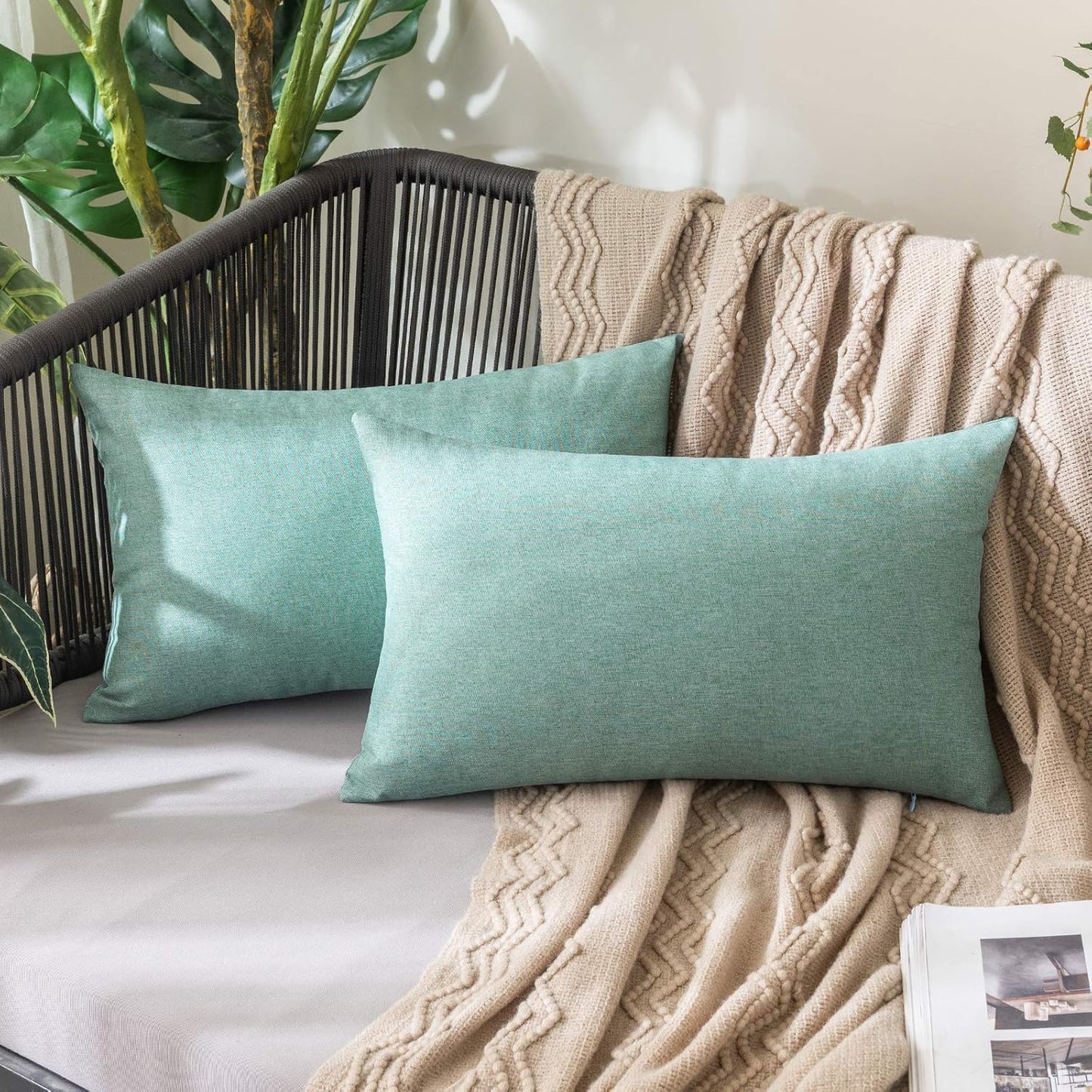 MIULEE Decorative Outdoor Throw Pillow Covers - Waterproof Faux Linen Cushion Cases | 20x12 Inch Teal, Set of 2