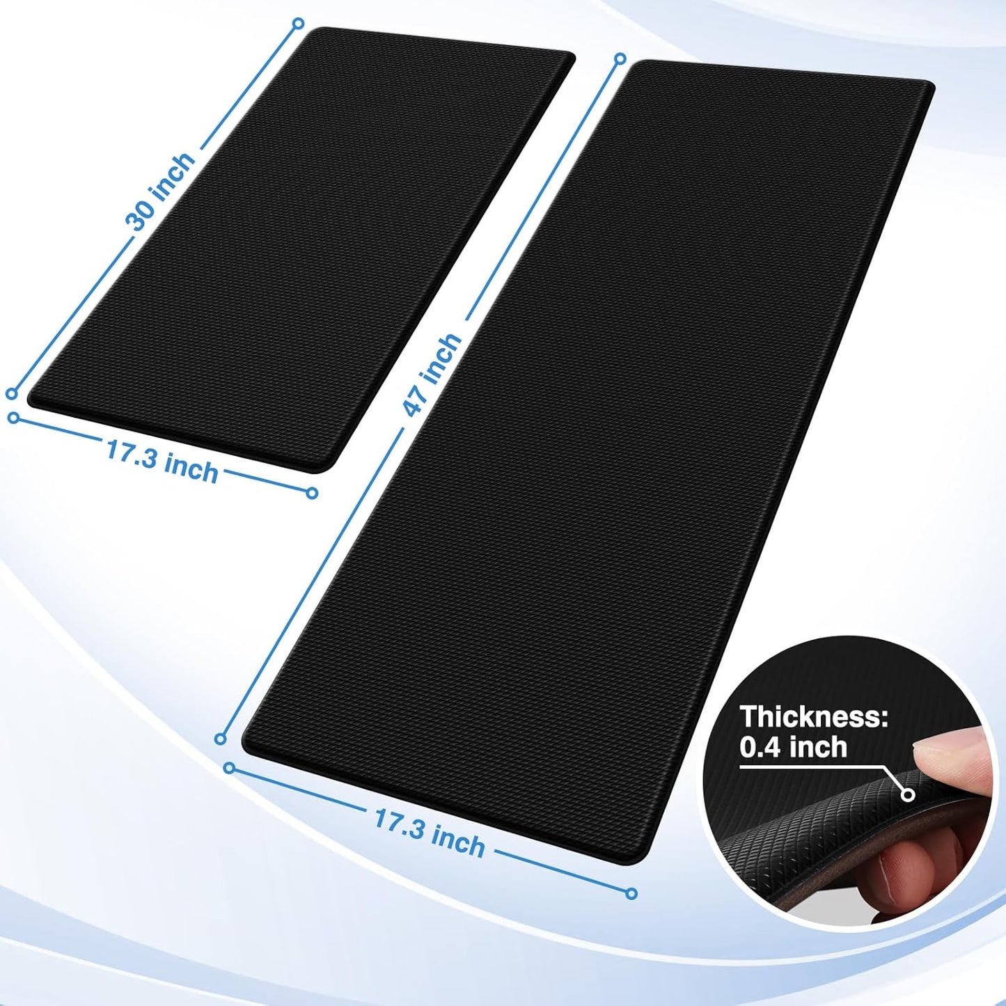 StepRite Kitchen Mats - Cushioned Anti-Fatigue Non-Slip Floor Mats | Waterproof Rug Set, 17.3"x30"+17.3"x47", Black