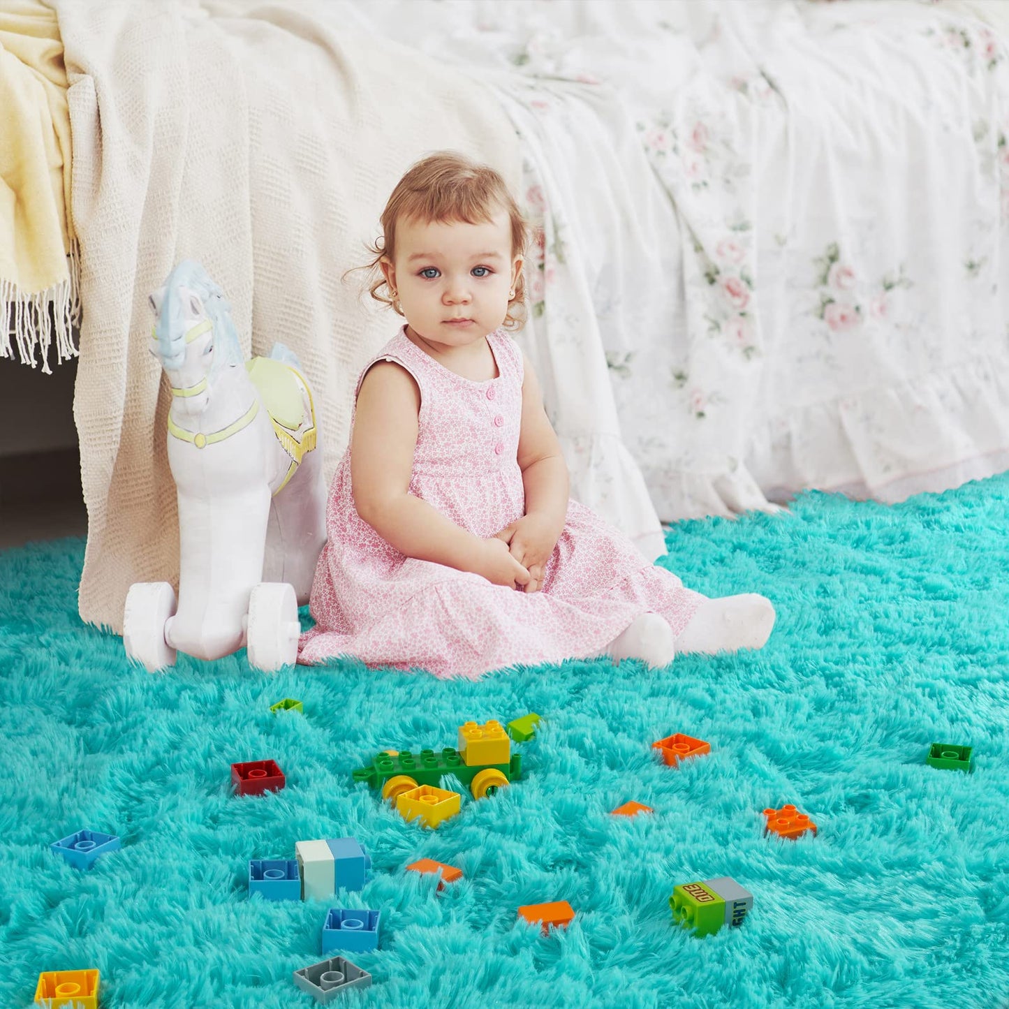 Ompaa Soft Fluffy Area Rug for Living Room Bedroom, 5x8 Teal Blue Plush Shag Rugs, Fuzzy Shaggy Accent Carpets for Kids Girls Rooms, Modern Apartment Nursery Dorm Indoor Furry Decor