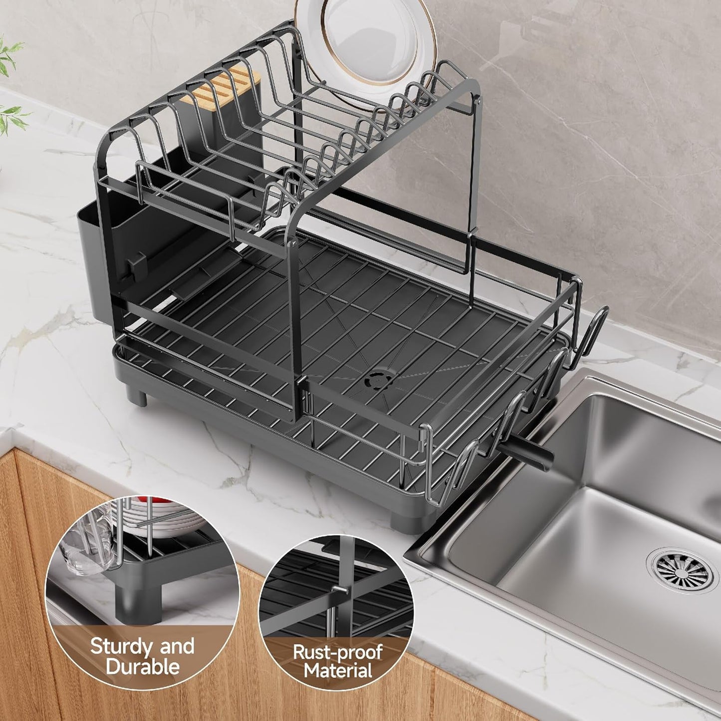 Runnatal 2-Tier Dish Drying Rack - Large Capacity Anti-Rust Dish Drainer Set | Black Over The Sink Design