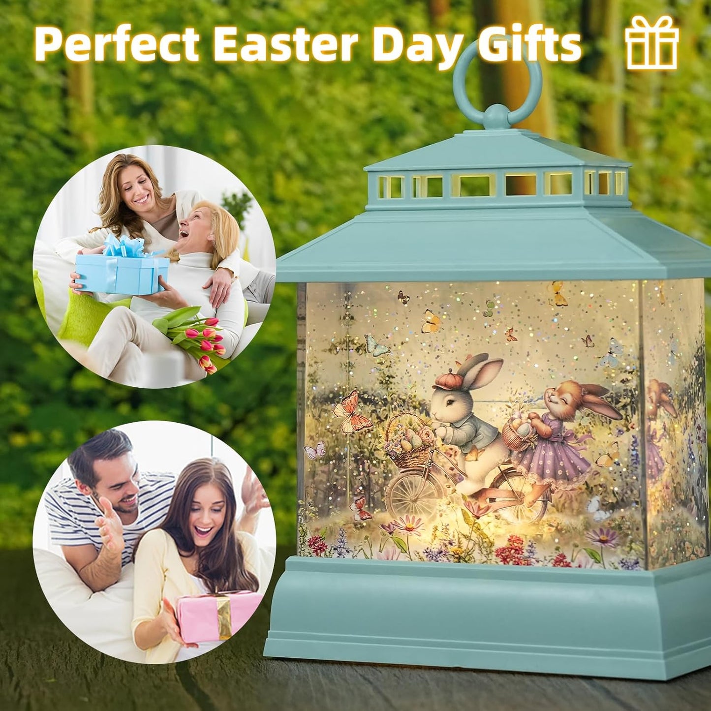 Regine Switzerland Easter Snow Globe Lantern - Illuminated Bunny Egg Decor with Timer | Glitter Spring Tabletop Decoration
