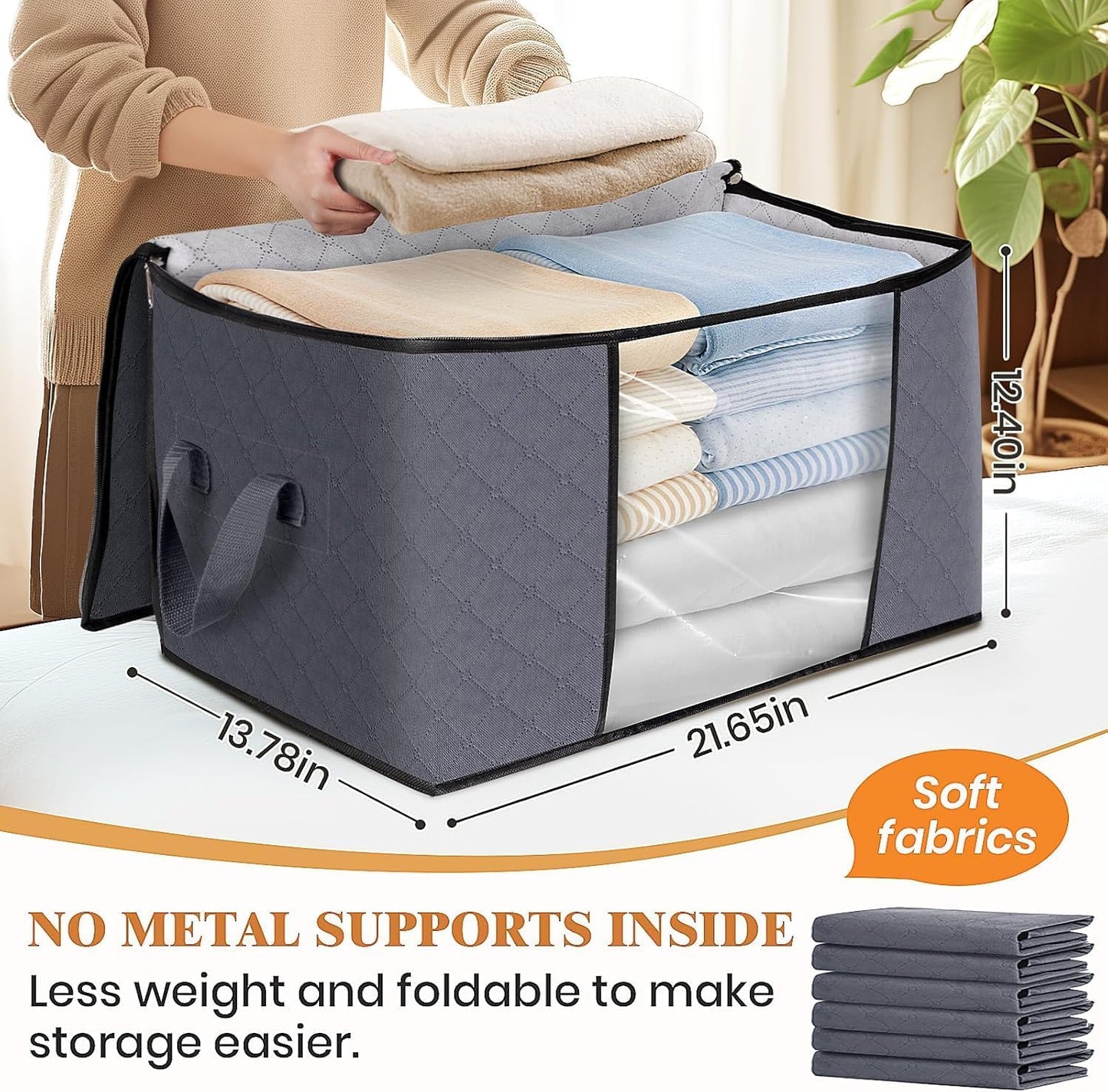 Skiennix Large Clothes Storage Bags - 4 Pack Foldable Organizers with Clear Window for Blankets & Toys | Gray