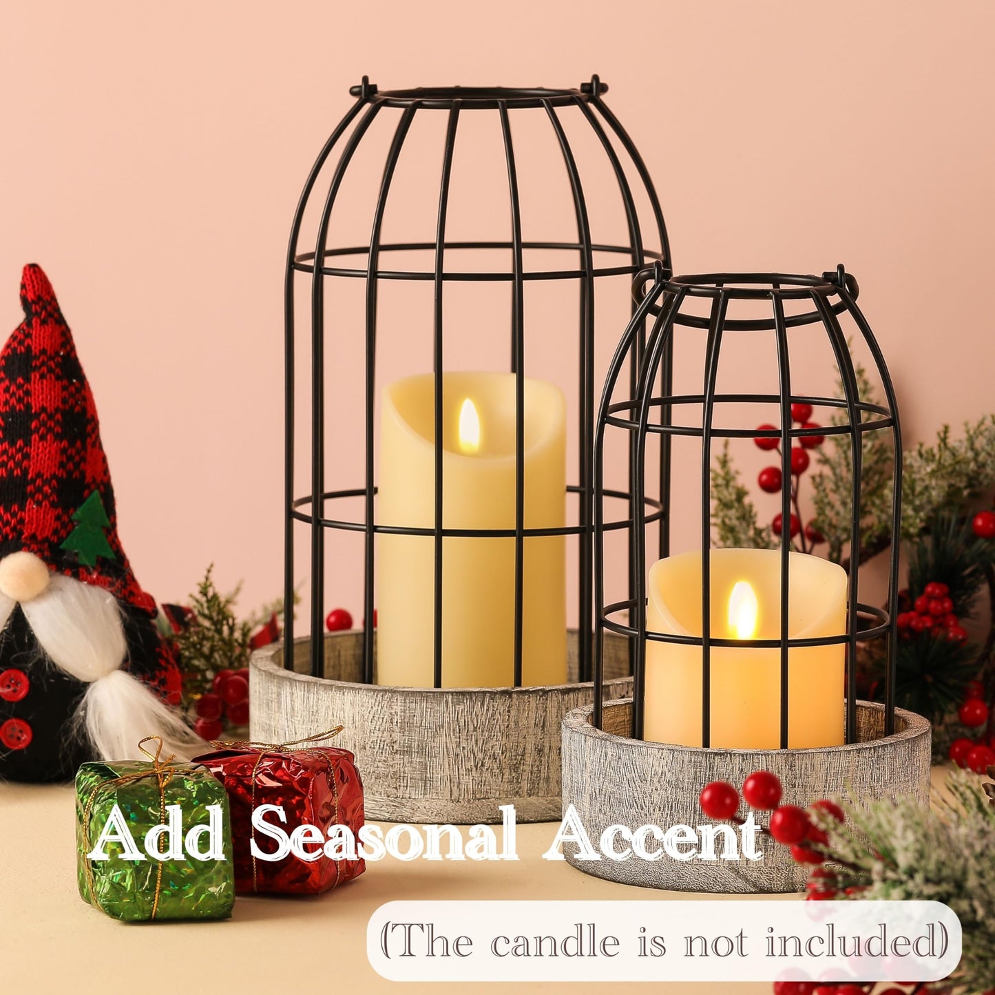Perfnqiue Farmhouse Lantern Decor, Candle Lantern Decorative for Home Decor, Rustic Lantern Candle Holder Set of 2 for Living Room, Wooden Centerpieces for Kitchen Dining Table, Ideal Gift (White)