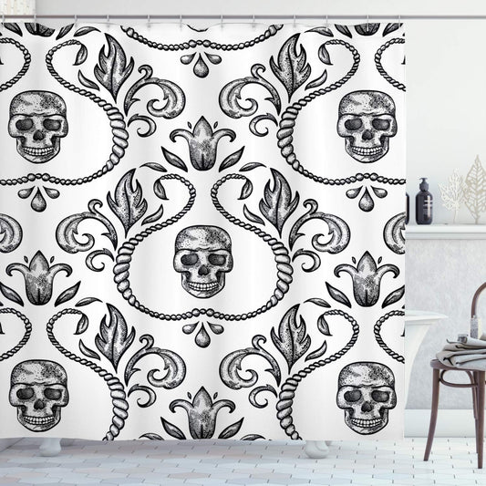 Gothic Skull Shower Curtain - Baroque Floral Design, 69" x 70", Bathroom Decor Set