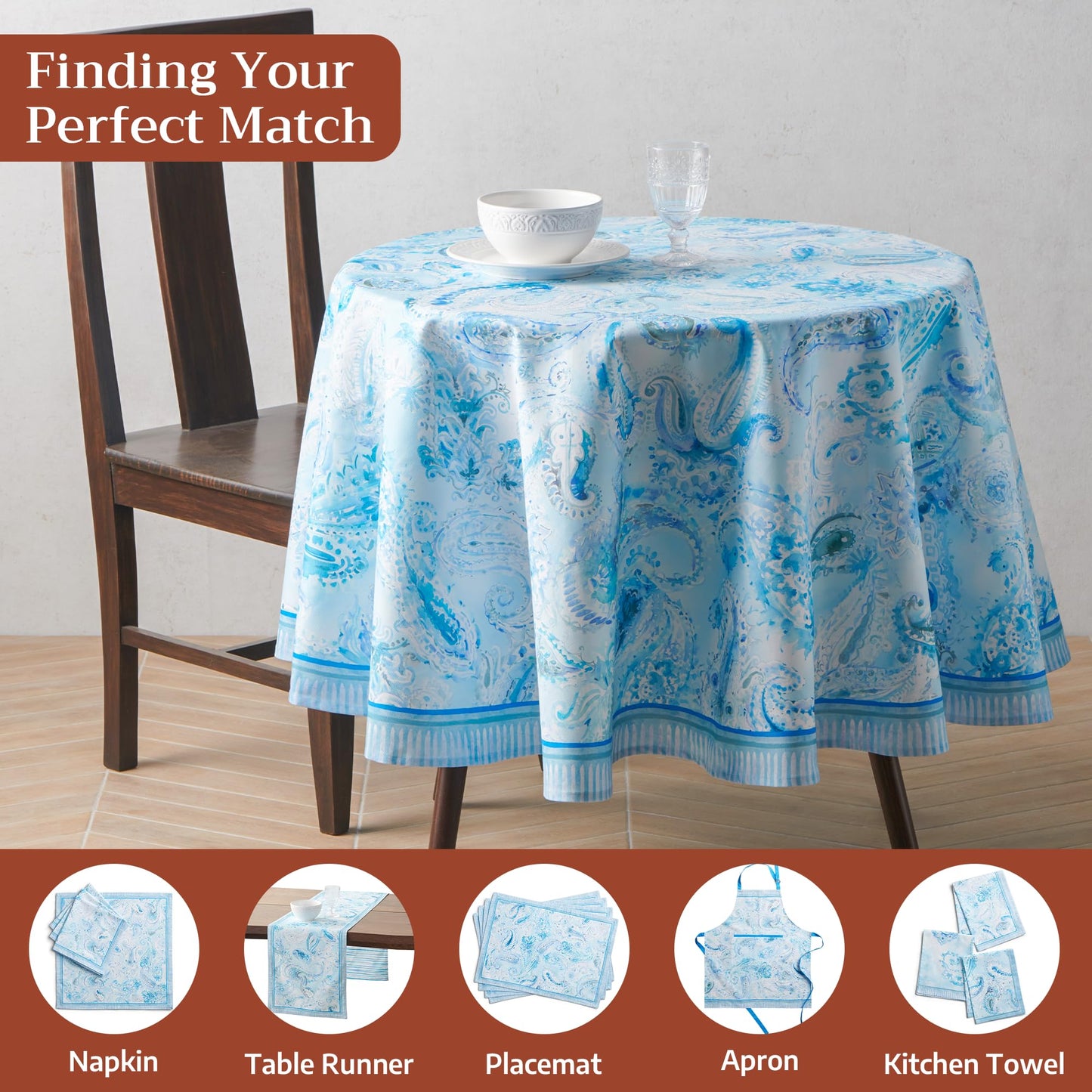 Maison d'Hermine Premium Table Cloth Round Table 100% Cotton 70 Inches Tablecloth Reusable Decorative Everyday Use for Dining Room, Farmhouse, Home, Party, Festive & Wedding - Paisley Blues