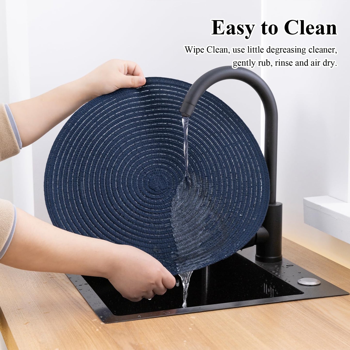 SHACOS 15 inch Round Placemats Set of 12 for Dining Table Braided Circle Place Mats Kitchen Table Placemat Washable Table Mats, Navy Blue