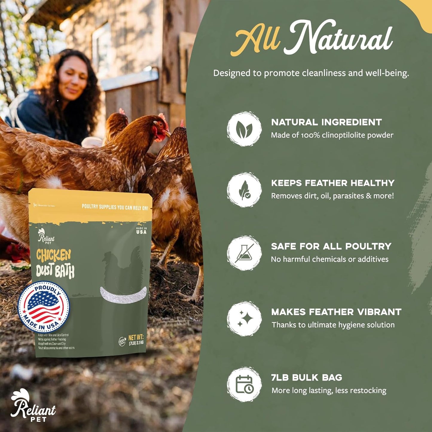 Reliant Pet Chicken Dust Bath - Natural 7lbs Dust for Chickens | Made in USA Poultry Dust Powder