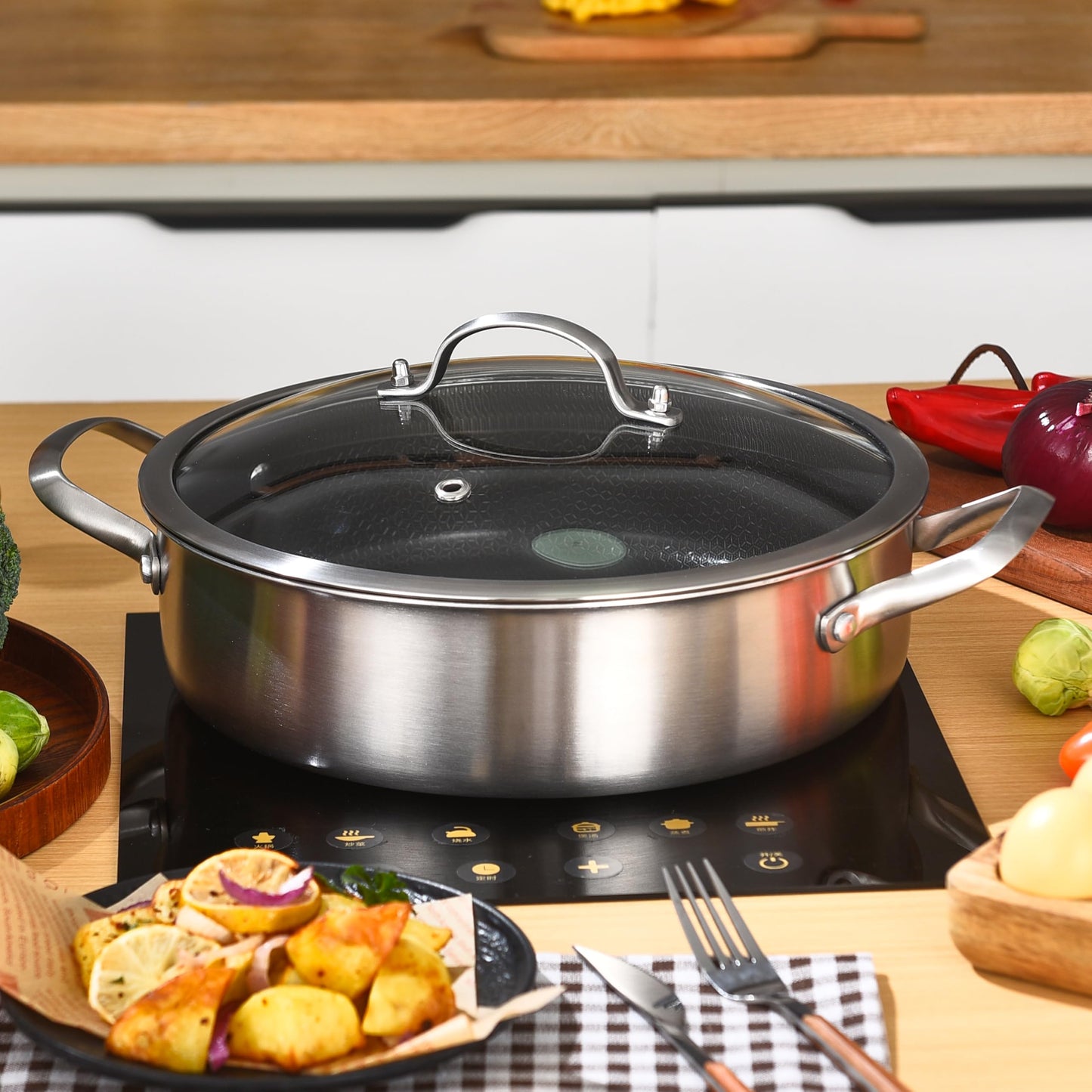 LOLYKITCH 5 QT Hybrid Ceramic Non Stick Tri-Ply Stainless Steel Sauté Pan with Lid,12 Inch Jumbo Cooker,PFOA & PFOS Free,Induction Cooking Pot, Dishwasher and Oven Safe