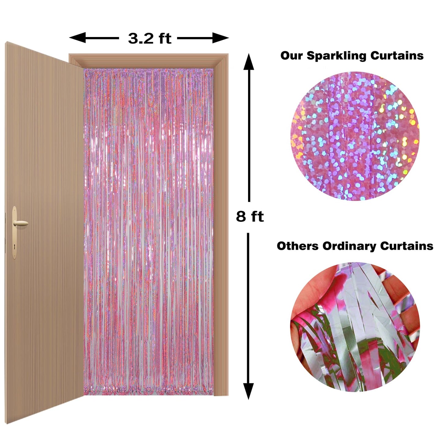 Melsan Pink Tinsel Curtains Backdrop, 3.2 ft x 8.2 ft Sparkle Metallic Foil Curtains for Mothers Princess Birthday Party Photo Background Decoration, 2 Pack