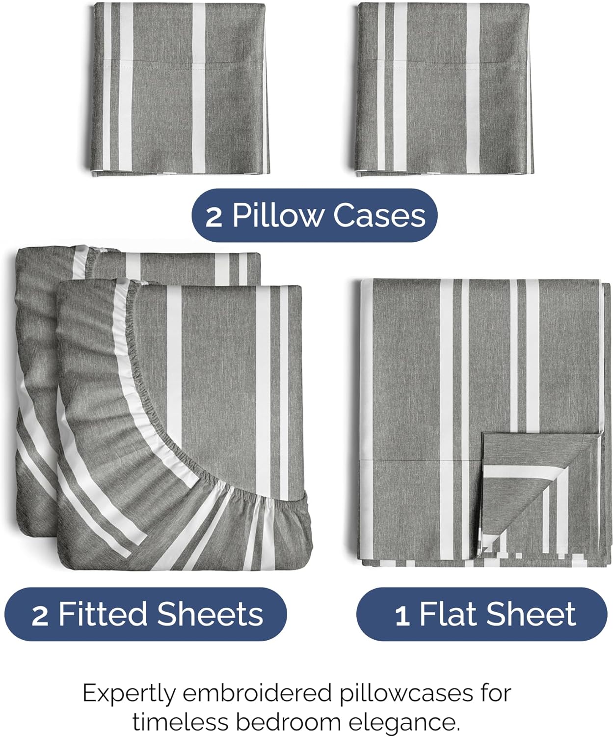 Split King Size 5-Piece Sheet Set | Comfy Cooling Bed Sheets - Luxury Hotel Quality - Grey Stripes