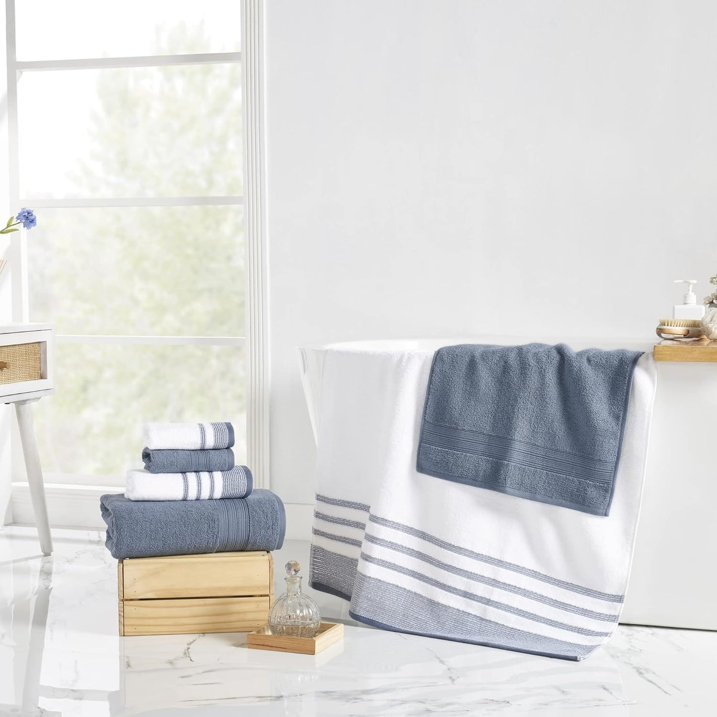Modern Threads 6-Piece Towel Set - 100% Cotton, Quick Dry & Ultra Absorbent - 2 Bath, 2 Hand, 2 Washcloths (White/Reinhart Blue)