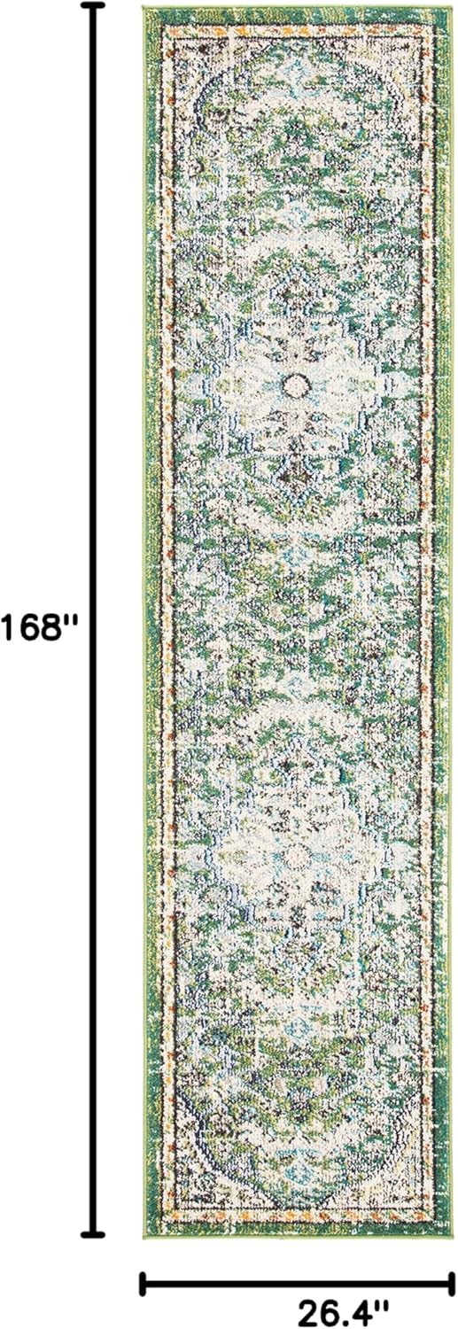 SAFAVIEH Madison Collection Runner Rug - 2'2" x 14', Green & Turquoise, Boho Chic Medallion Distressed Design, Non-Shedding & Easy Care, Ideal for High Traffic Areas in Living Room, Bedroom (MAD447Y)