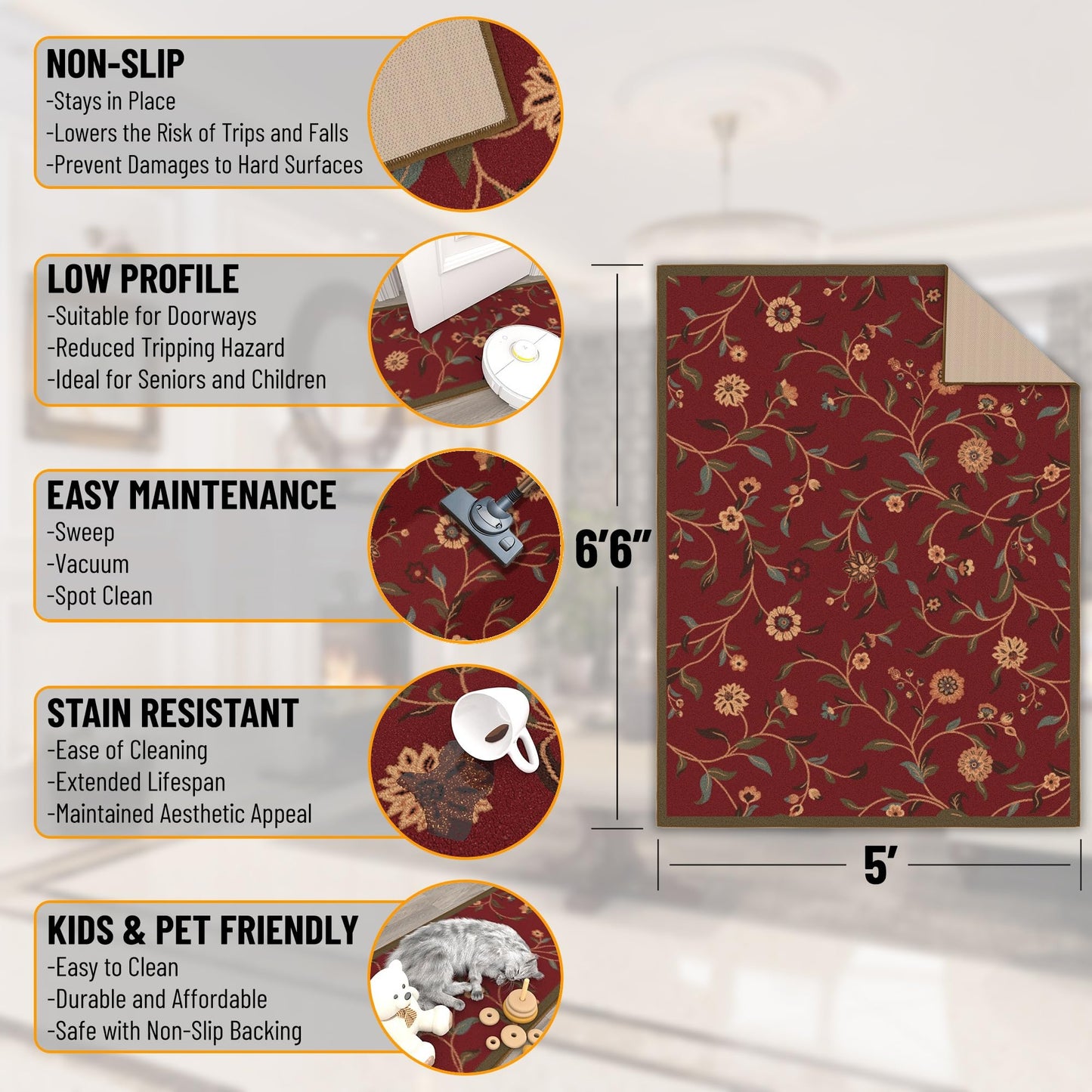 Ottomanson 5' x 6'6" Rugs for Living Room Floral Area Rug for Bedroom - Non Slip Durable Large Floor Carpet for High Traffic Areas - Indoor Rug for Dining Room Kitchen Kids Playroom, Red