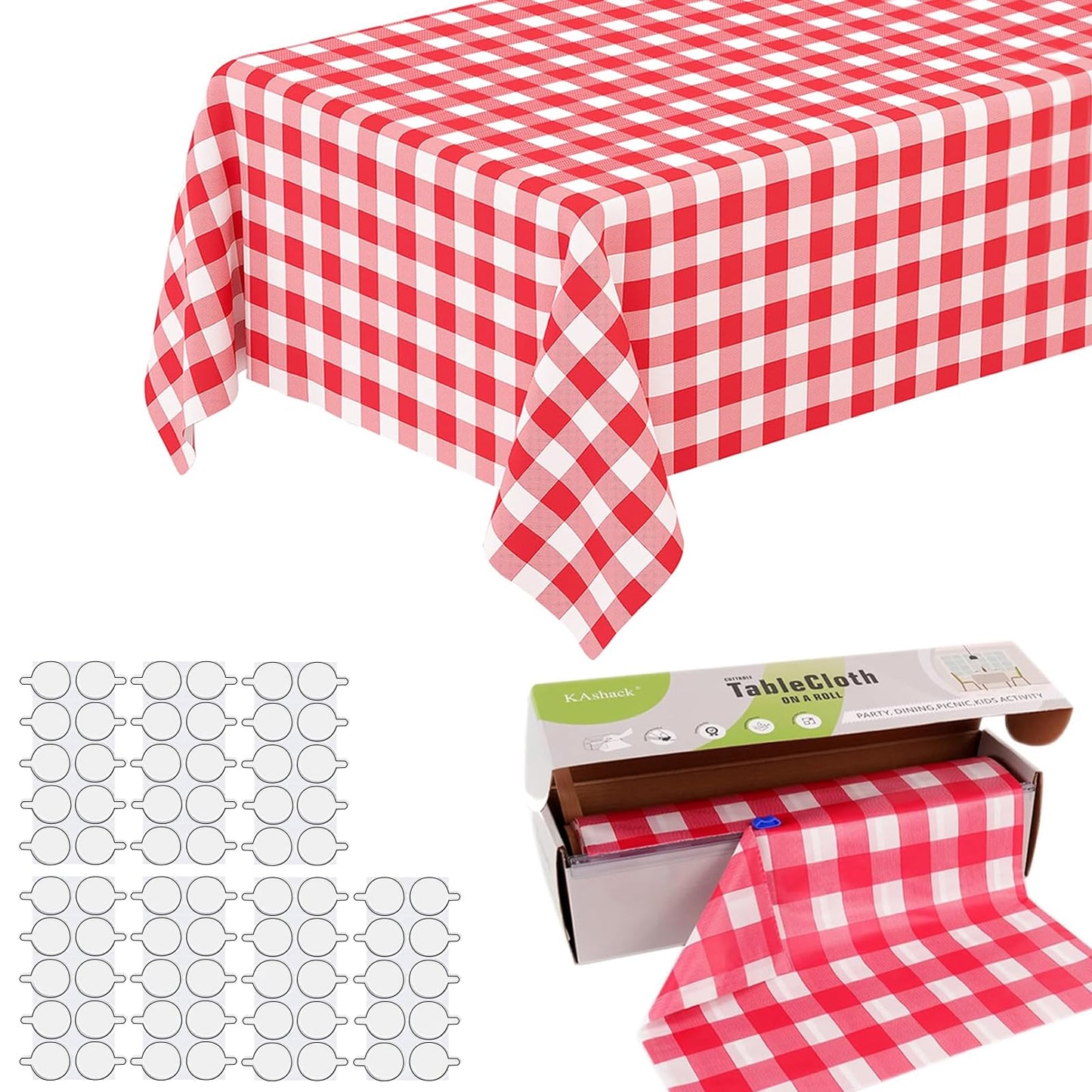 KAshack 54 in X 98.4 Ft Plastic table cloth Roll disposable Red and White Gingham Tablecloth with Slide Cutter Box for rectangle round Tables,Picnic,Camping,Party,Happy Birthdays,[with Fixed stickers]