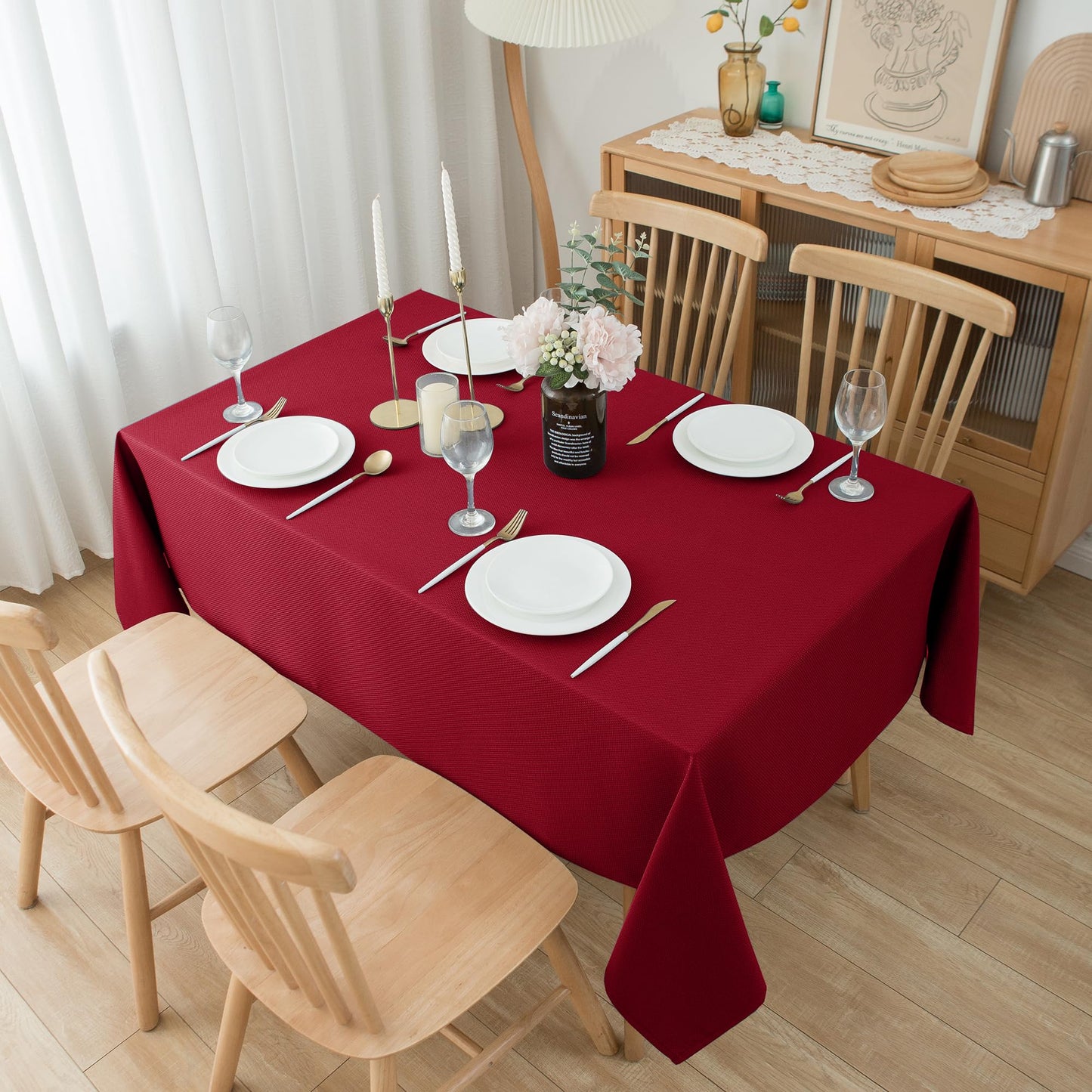 Biscaynebay Textured Fabric Christmas Rectangle Table Cloth 90x132 Inch, Red Water Resistant Tablecloths for Dining, Kitchen, Wedding and Parties, Machine Washable