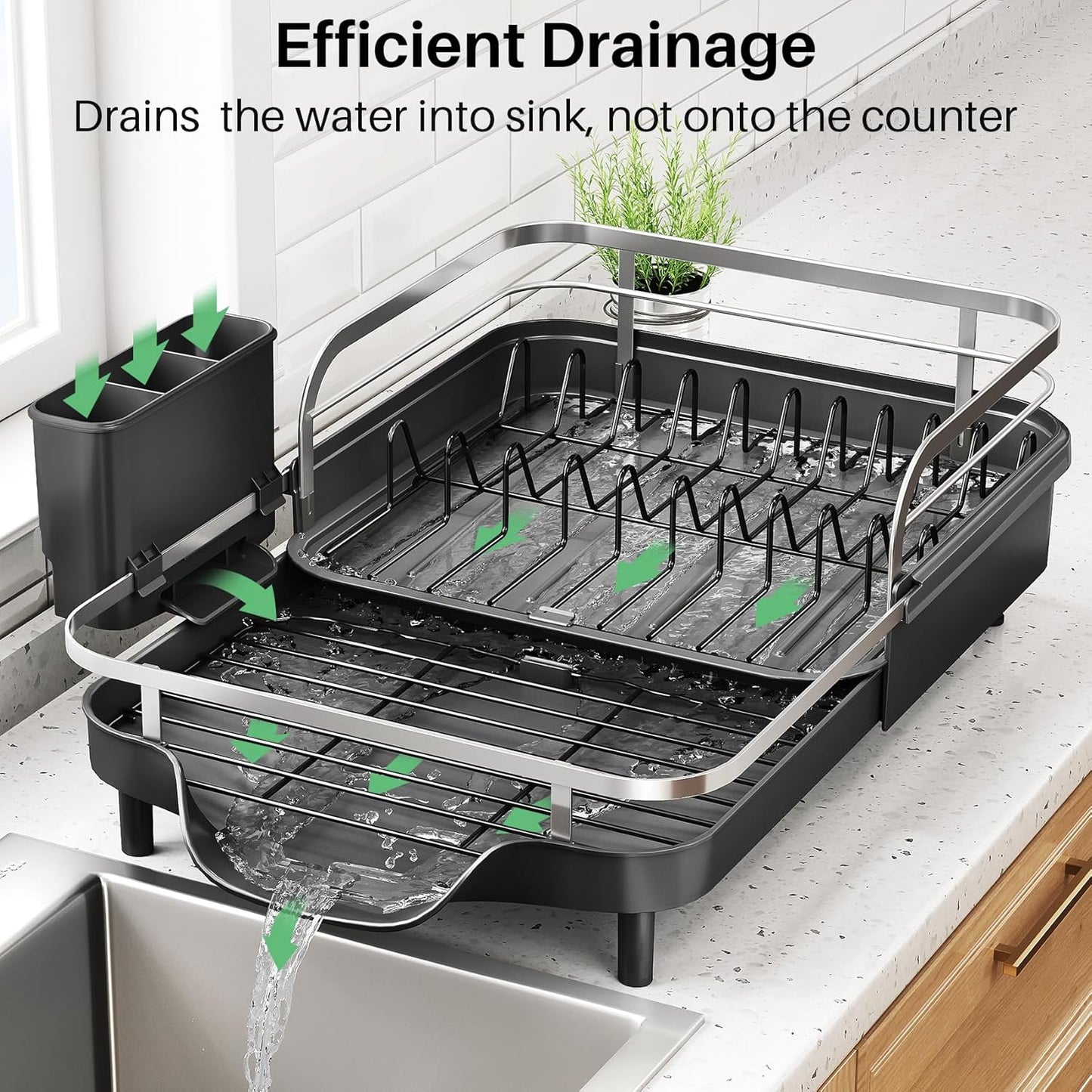 SNTD Stainless Steel Dish Drying Rack - Expandable Kitchen Counter Drainer with Drainboard & Utensil Holder (Black)