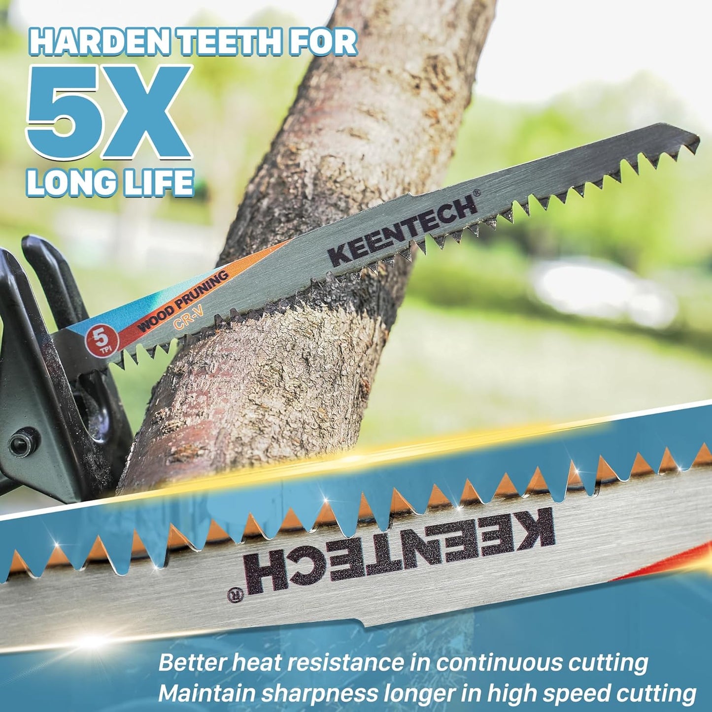 KEENTECH 9-Inch Cr-V Reciprocating Saw Blades - 5-Pack for Wood Cutting & Tree Pruning | 5 TPI Fleam Ground Teeth