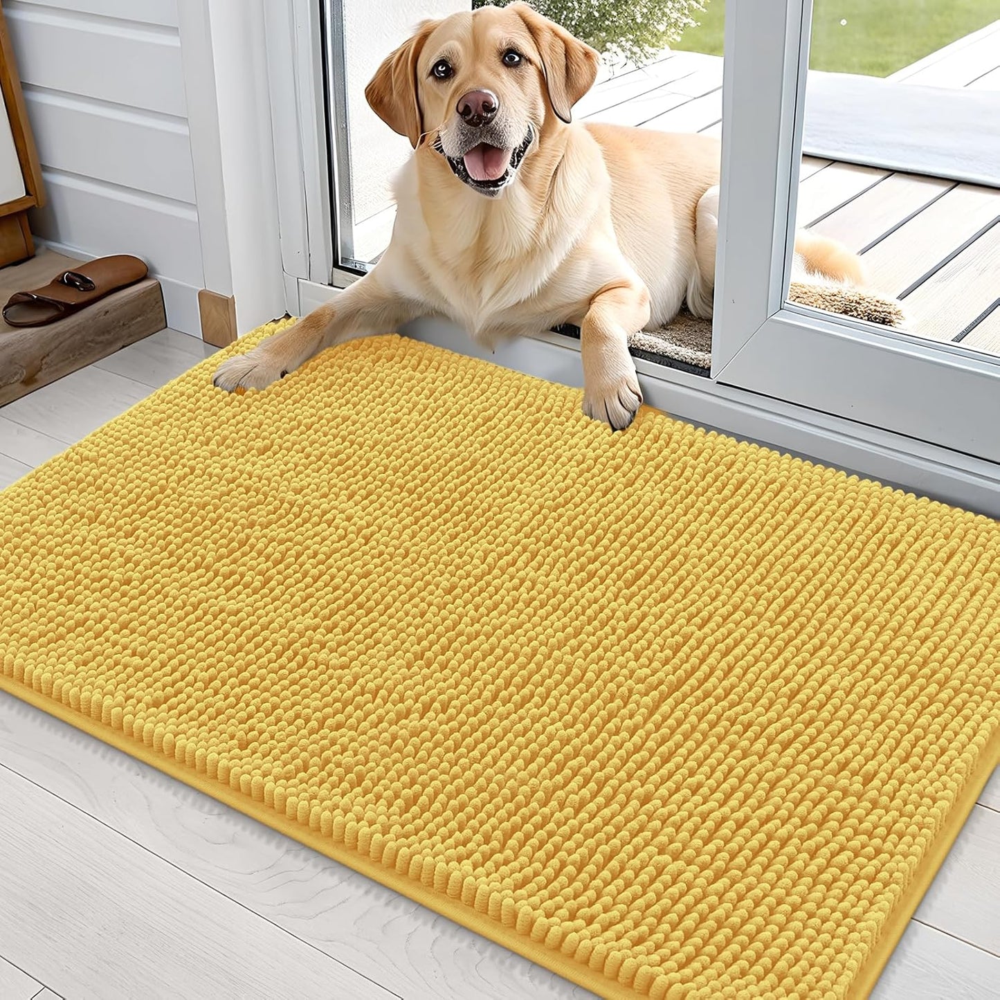 OLANLY Dog Door Mat - Absorbent Non-Slip Chenille for Muddy Paws | 35x24 Yellow Indoor Entryway Carpet