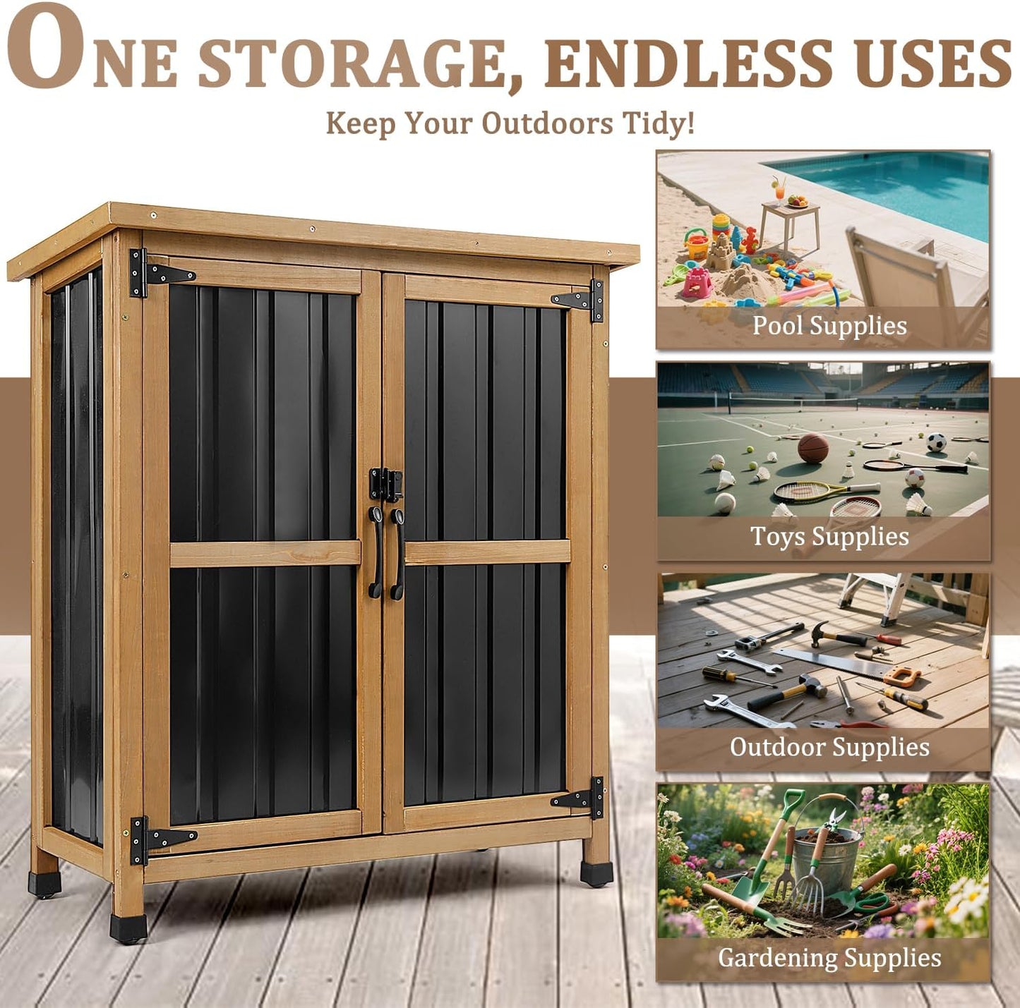 PetsCosset Weatherproof Outdoor Storage Cabinet - Lockable Wood & Metal Garden Shed for Tools & Pool Accessories