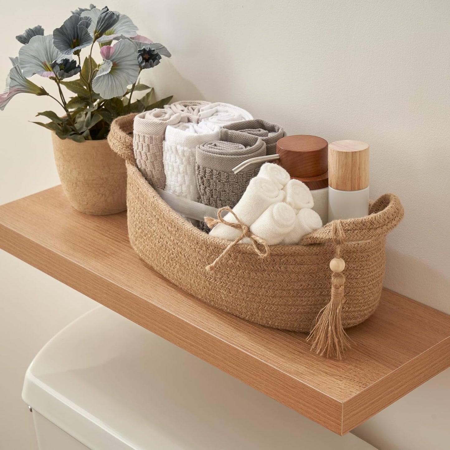 Skiennix Decorative Toilet Paper Basket - Stylish Bathroom Organizer for Toilet Tank Storage | Boho Jute Cotton Rope with Tassel