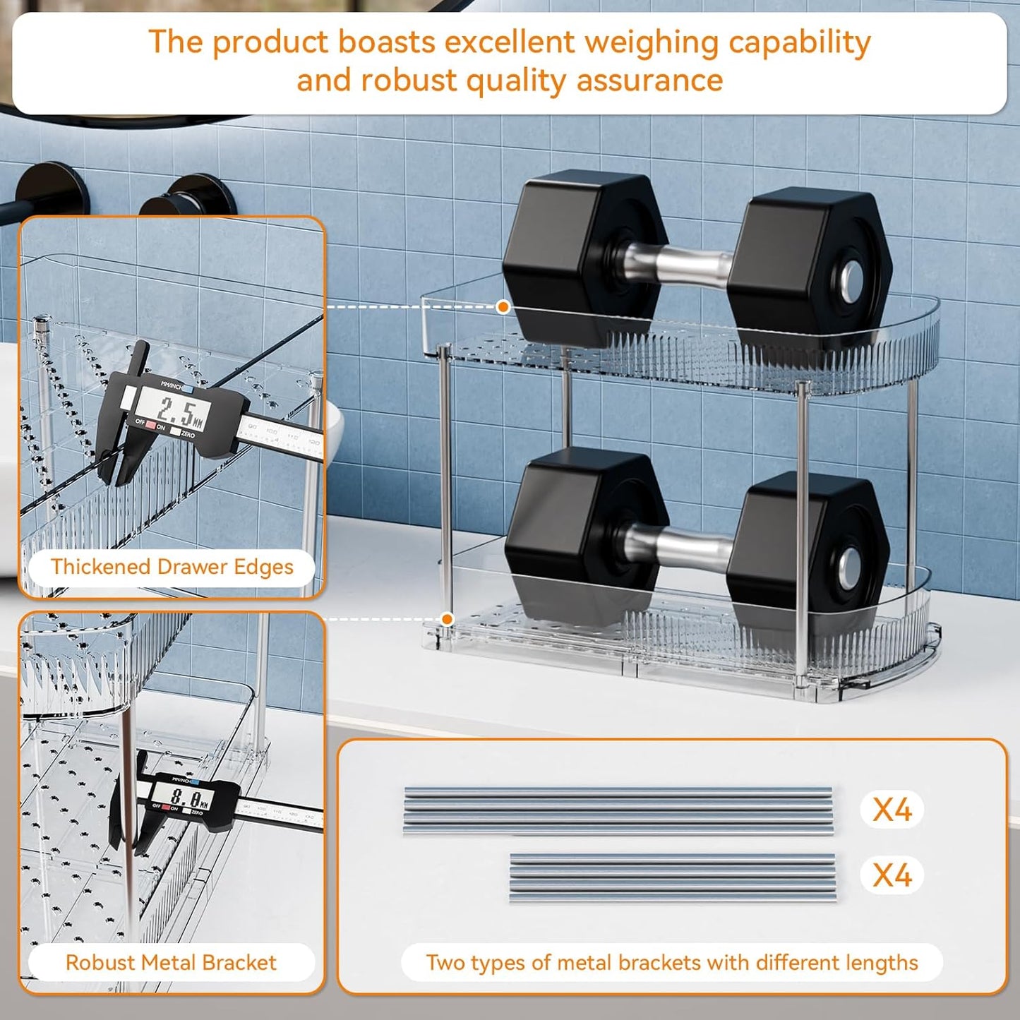 Skiennix Large Pull-Out Bathroom Organizers - 2 Tier 12.8" Tall Acrylic Under Sink Storage