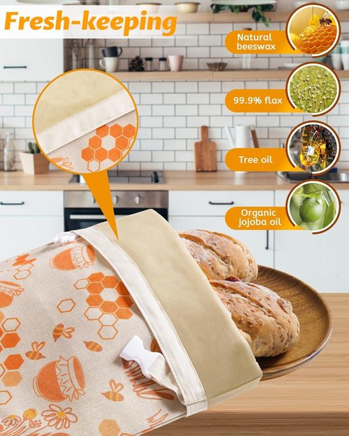 Beeswax Bread Bags - 2 Pack Organic Linen for Sourdough | 17 x 12.6 Inches - Freezer-Friendly Freshness Preservation