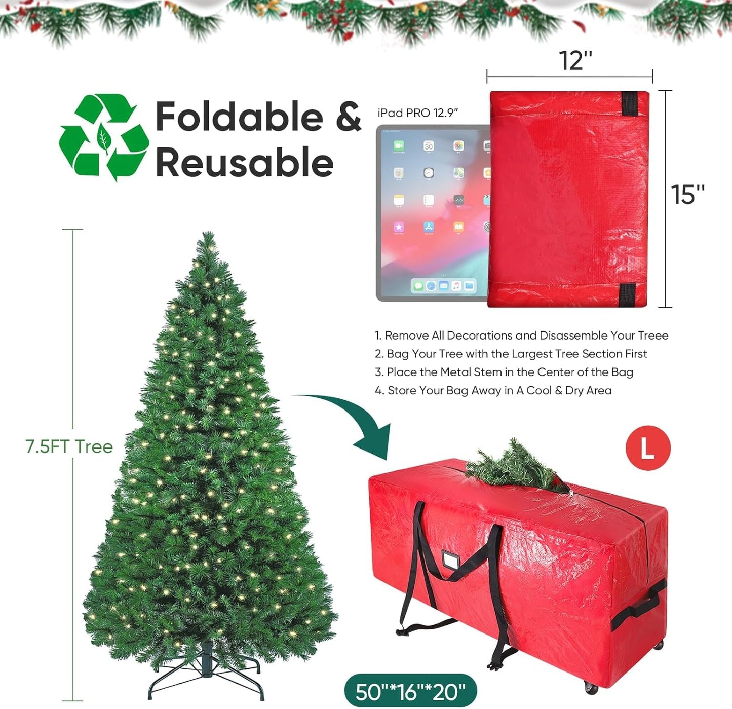BALEINE 7.5 ft Heavy-Duty Christmas Tree Storage Bag - Extra Large with 2 Swivel Wheels & Reinforced Handles | Green
