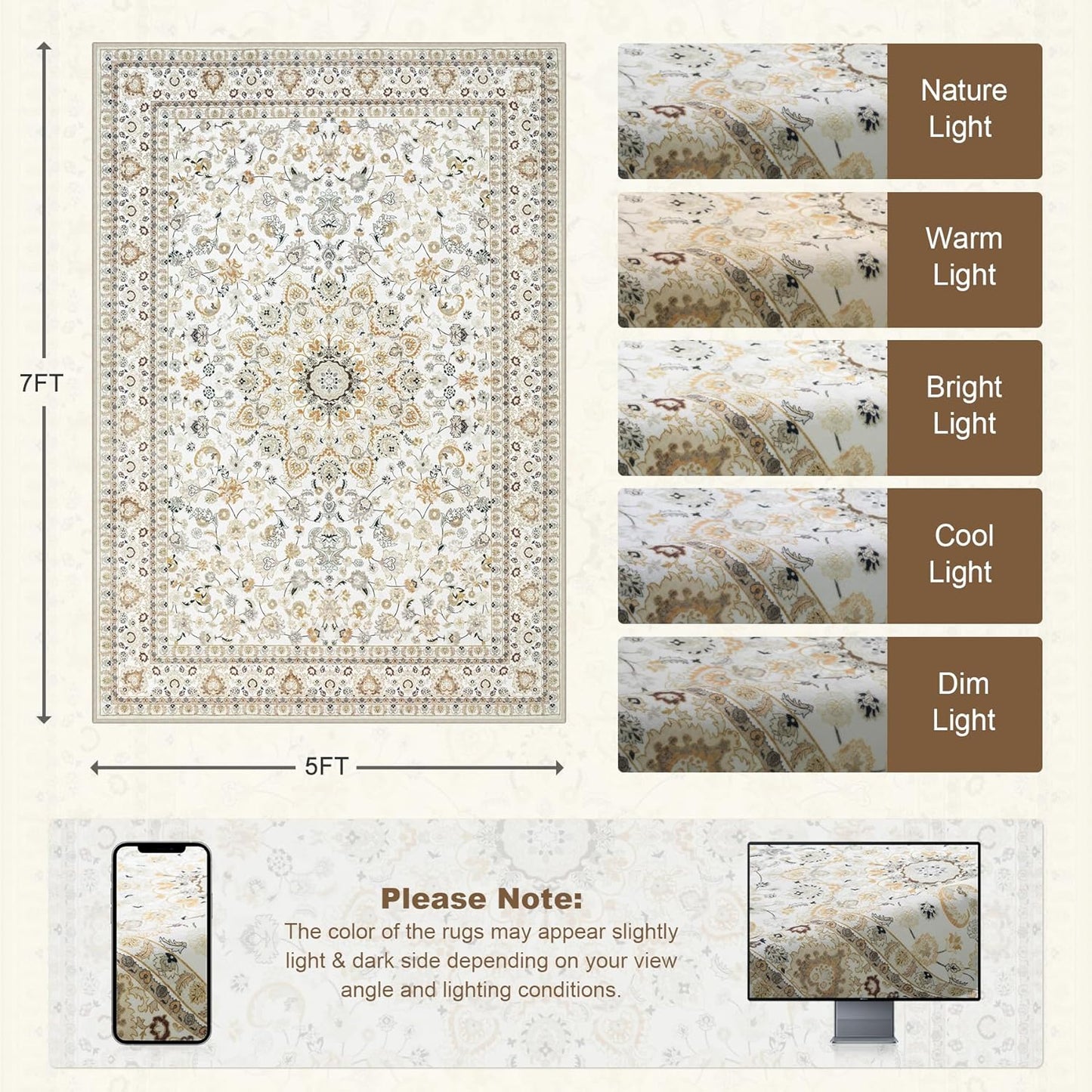 Skiennix 5x7 Area Rug - Washable Vintage Boho Design | Soft, Stain-Resistant Carpet for Living Room & Bedroom