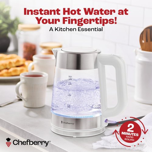 Electric Kettle for Boiling Hot Tea & Water | 1.7L Stainless Steel Borosilicate Glass Boiler With No Plastic, Automatic Shutoff, BPA Free, Fast Heating Technology (White)
