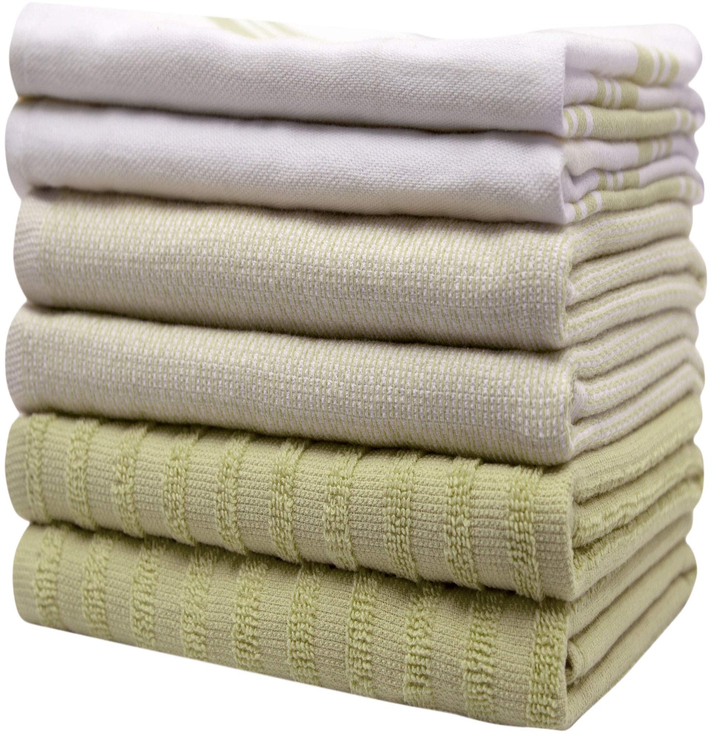 Premium Kitchen Towels (20”x 28”, 6 Pack) | Large Cotton Dish Towels | Flat & Terry Highly Absorbent Kitchen Linen Set with Hanging Loop | Wide Stripe Sage Green