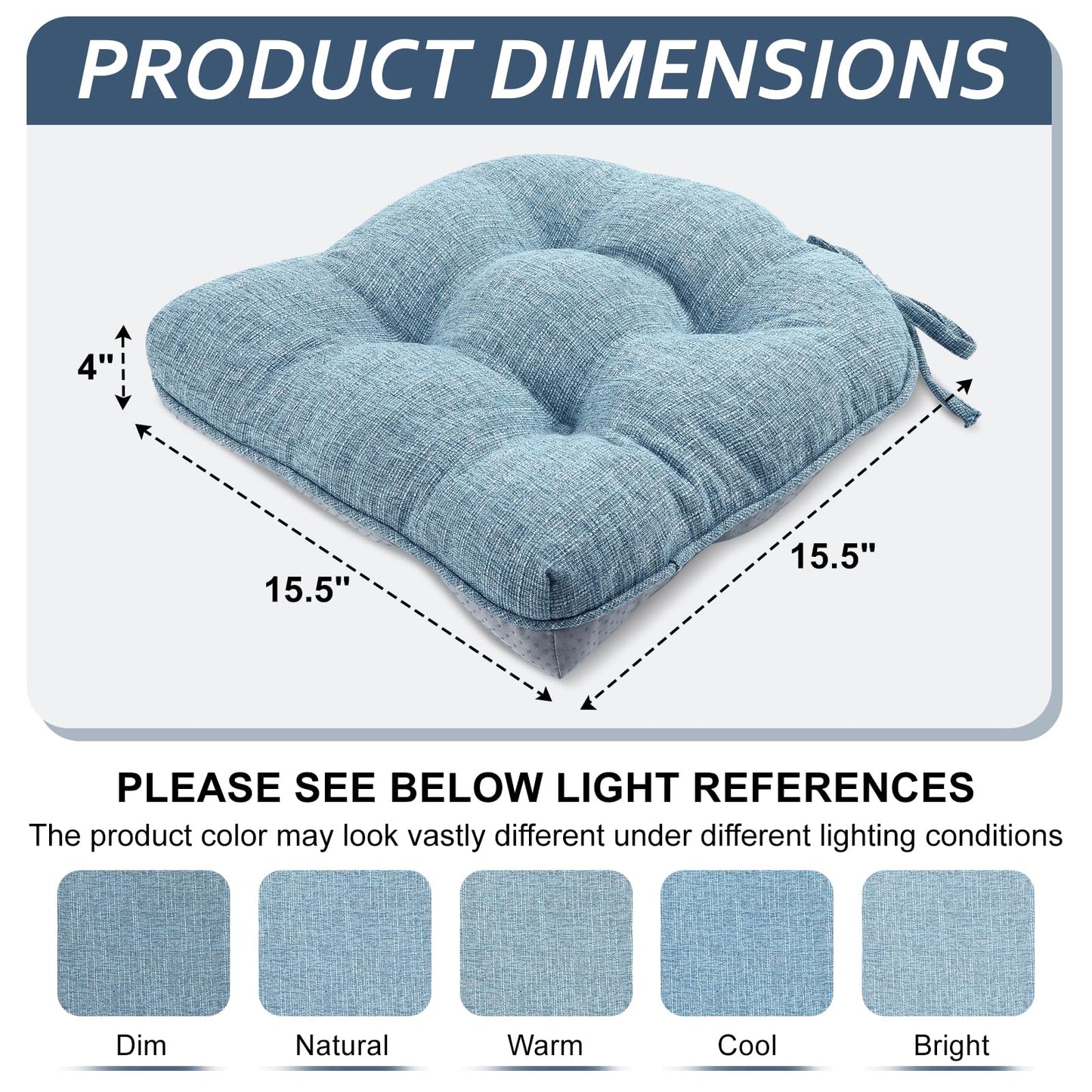 Basic Beyond Chair Cushions for Dining Chairs 4 Pack, Chair Cushion with Ties and Non Slip Backing, 15.5 x 15.5 inches Tufted Chair Pads for Dining Chairs(Baby Blue)
