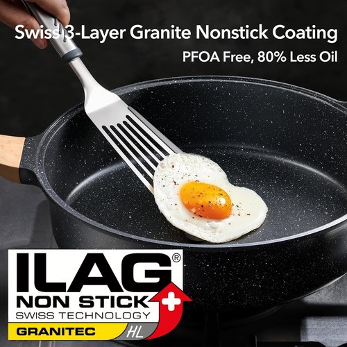 Deep Nonstick Frying Pan with Lid, 4.5 QT Swiss Granite Coating Sauté Pan, 12 Inch Healthy Non Stick Skillet Cooking Pan and Helper Handle with Silicone Cover, PFOA Free, Induction Ready.